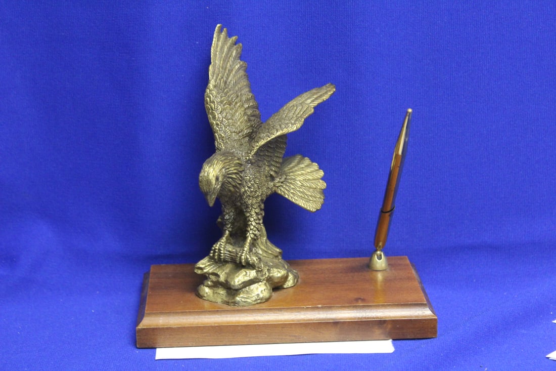 A Solid Bronze or Brass Eagle Pen Holder: please note: pen doesn't write - 7 1/8" across