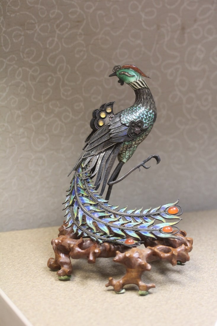 Antique/Vintage Chinese Silver Phoenix: on an ornate wooden stand - high grade - overall= approximately 7 inches tall