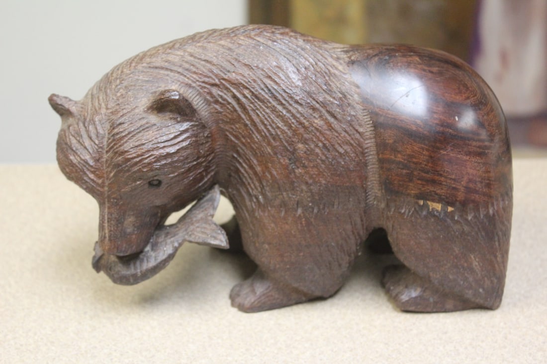 Wood Polar Bear Holding a Fish: heavy hardwood/exotic wood - 9" in length