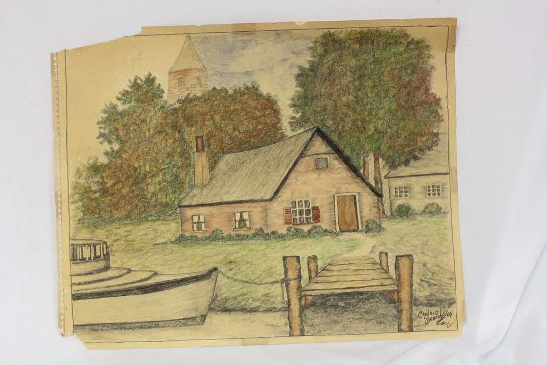 An Original Art - Crayon on Paper: signed - lossees on the corners - 13 1/4" x 10 1/4"