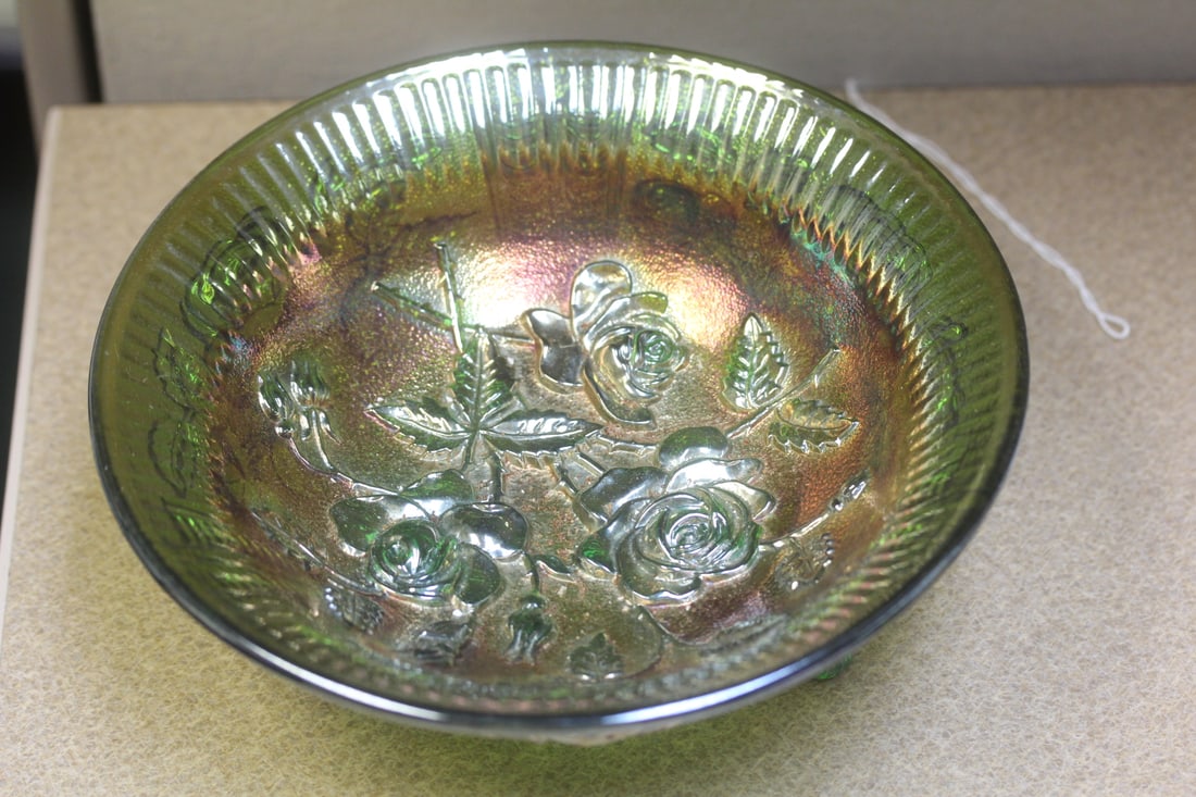 Carnival Floral Rose Bowl: 3 footed - label on the bottom, but do not know manufacturer - 8" in diameter