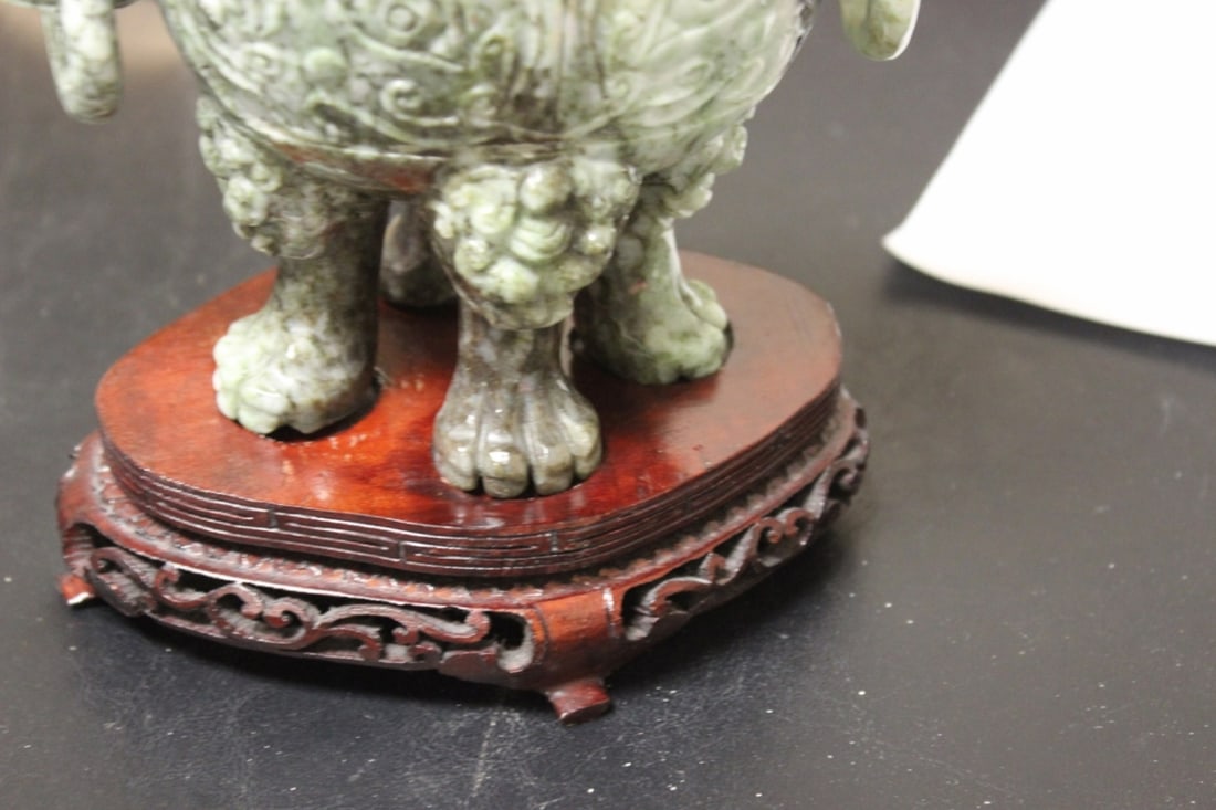 A Chinese Very Well Carved Jade Urn: With ring handle - lid is missing - with stand - jade urn only= 5 1/2" tall - overall= 7" tall