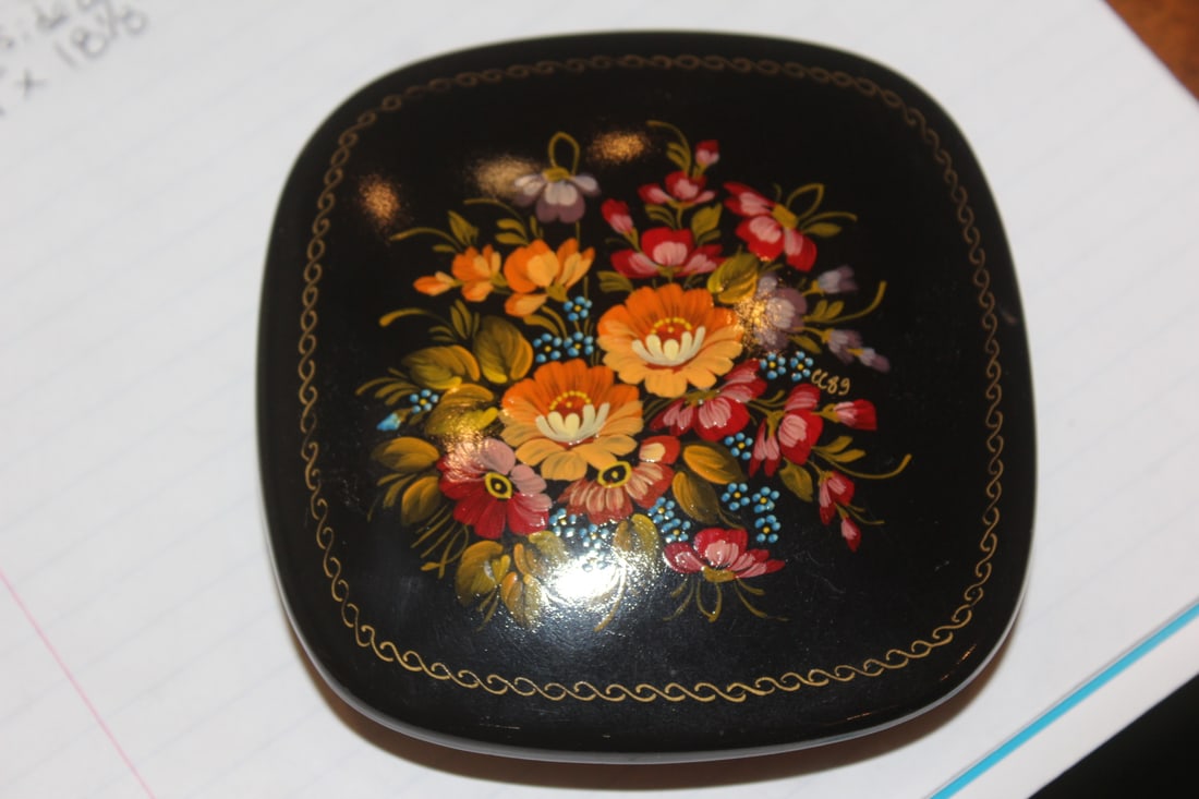 Floral Lacquer Square Box: hand painted - with lid - 4" square