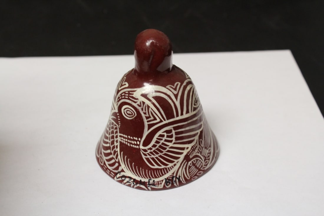 A Signed Mexico Clay Bell With Clasp: 3 3/4" tall