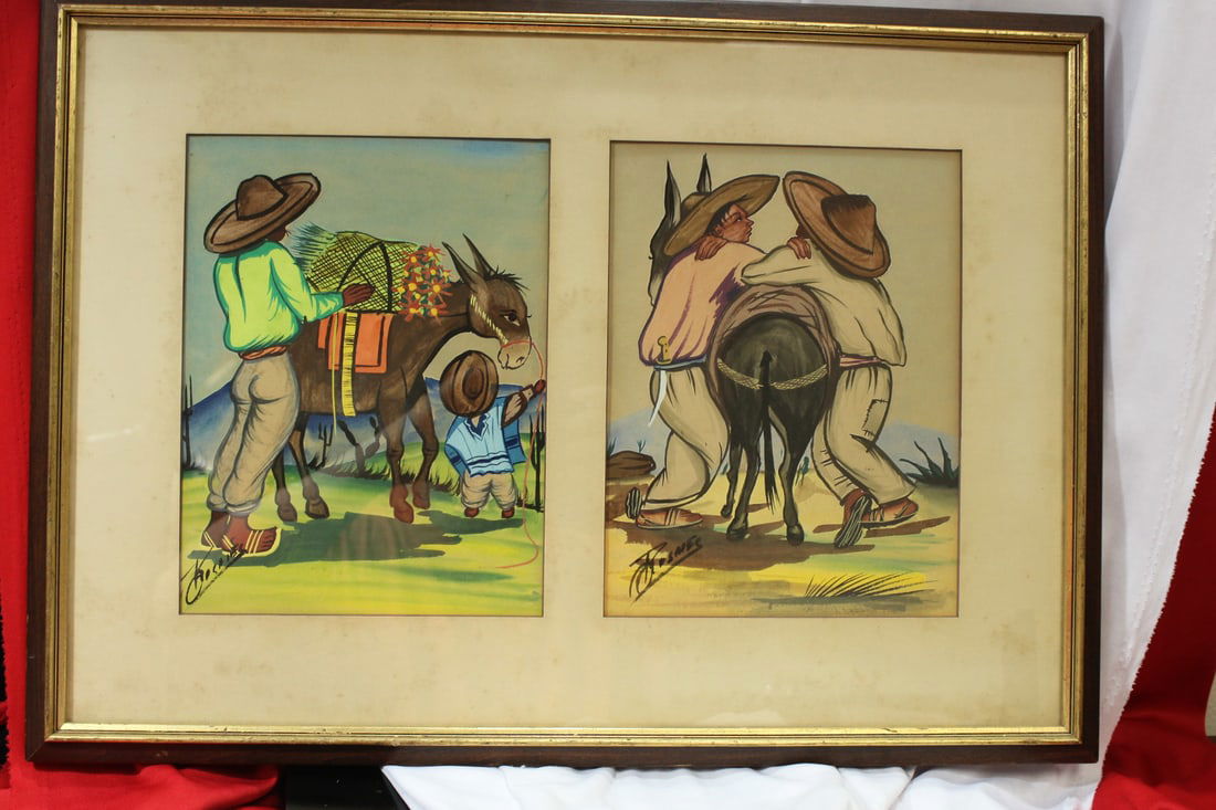 A Lot of Two Signed Gouache Watercolor Painting: Mid Century - by Rosales - both in one frame - overall= 21 1/4" x 15"