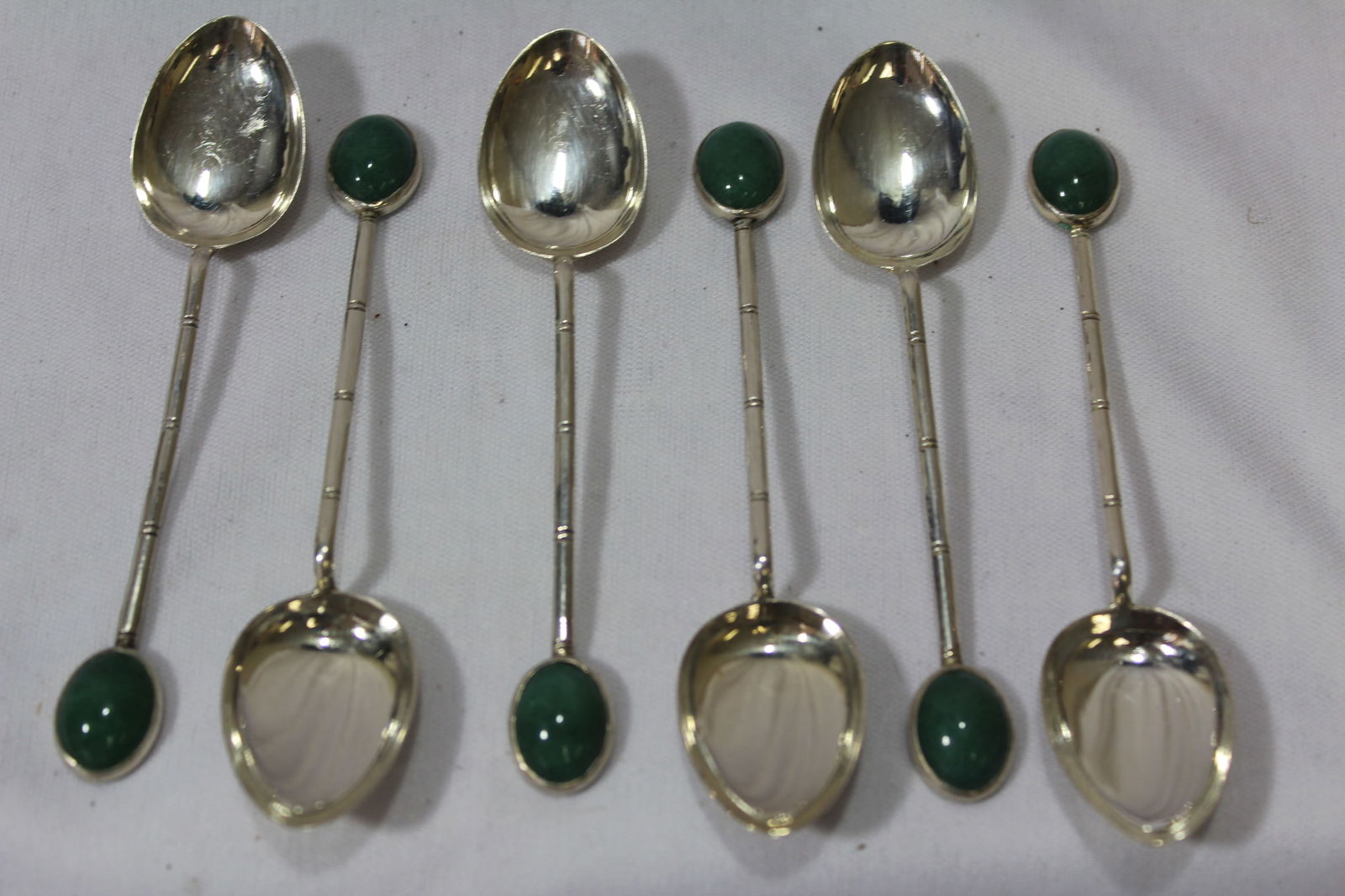 Set of 6 Sterling Spoons: Chinese with jade end -4 1/8" long