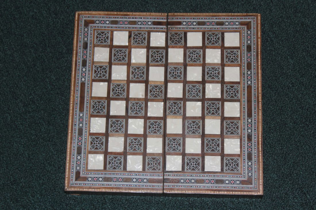 Beautiful Inlaid Chess Board: please note: no pieces - 12 1/2" x 12 1/2" when extended