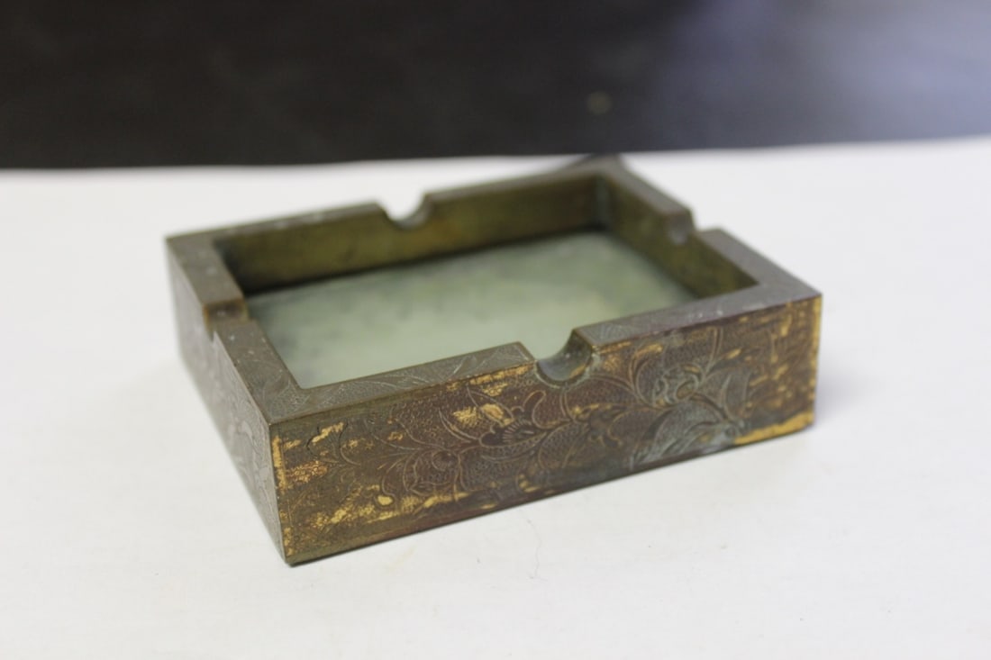 A Vintage Chinese Jade and Bronze Ashtray: 3 3/4" long - Marked China