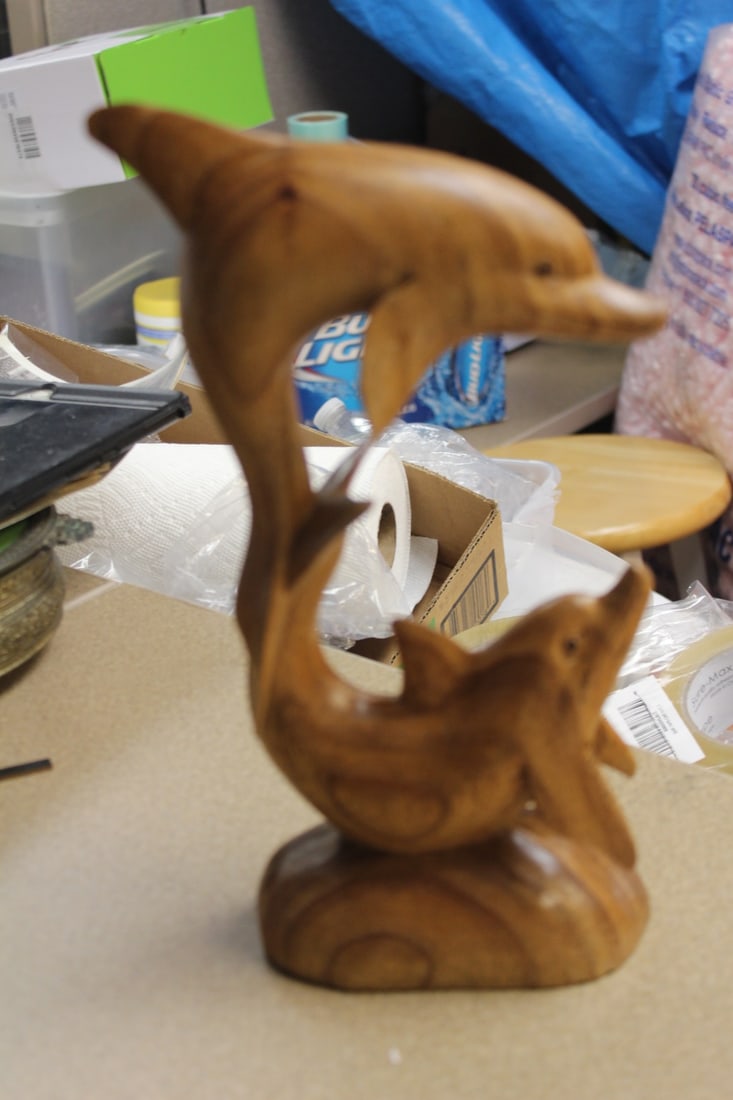 Carved Wooden Group of Dolphins: 11 1/4" tall