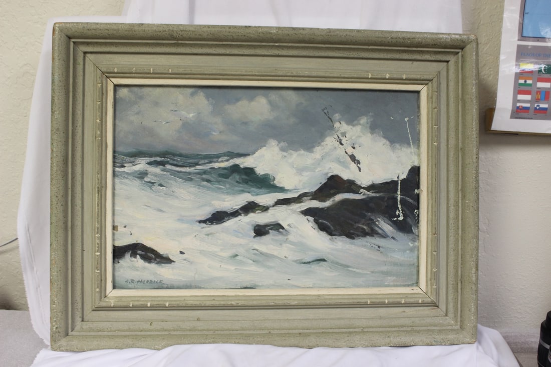 Oil on Board by Rockport Artist A.R.Henrick: some paint loss as shown - overall= 24" x 18"