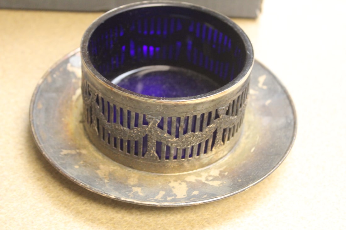 Cobalt Blue Glass and Silverplate Container?: 6 inches across