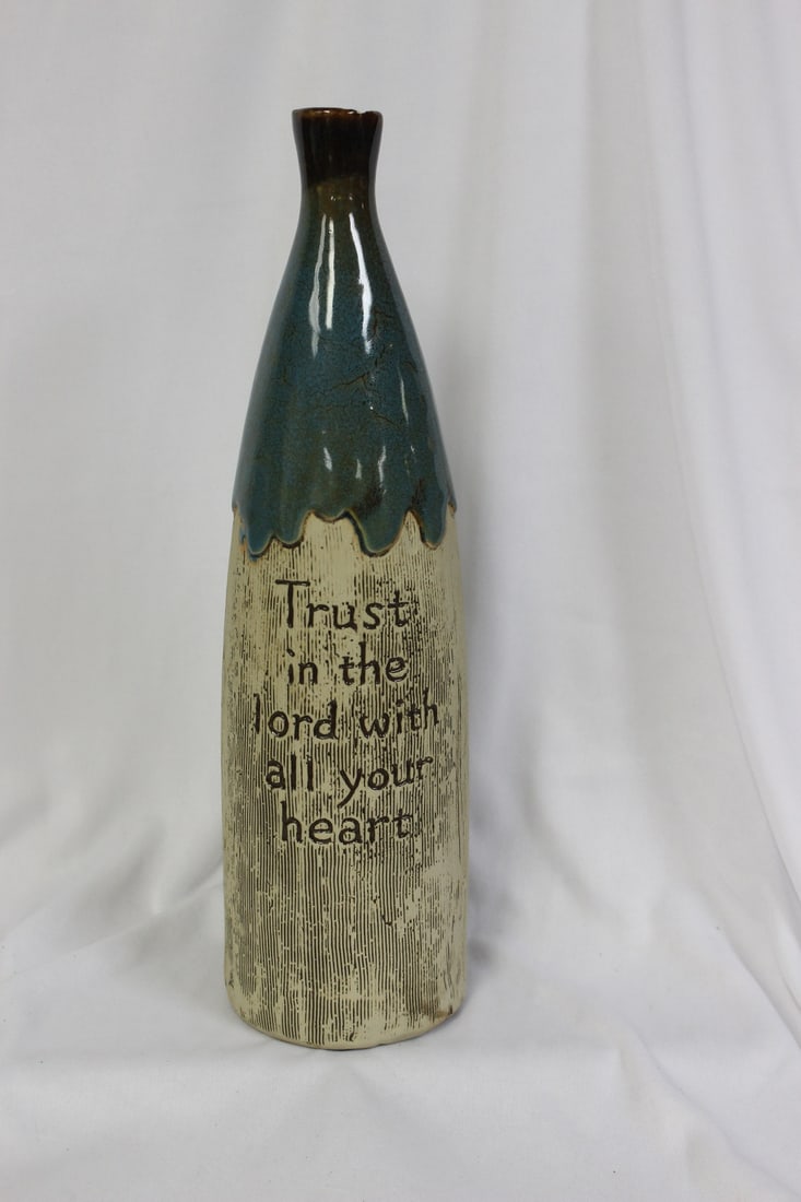 A Decorative Pottery Bottle: please note: paint chips as shown - 12" tall