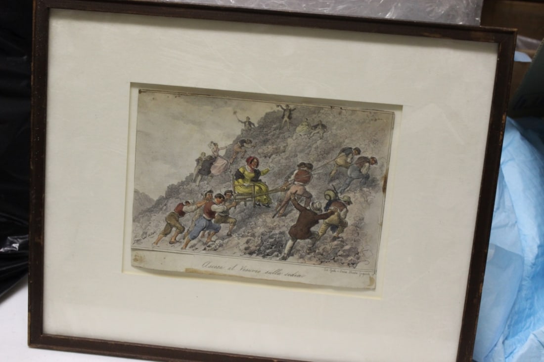 An Etching or Print by Listed Artist: Gaetano Dura Salita al Vesuvio - Possibly a lithograph - Discesa dal Vesuvio Sulla sediau - overall= 14 1/4" x 11 1/4" - sight= 7 5/8" x 5 1/2"