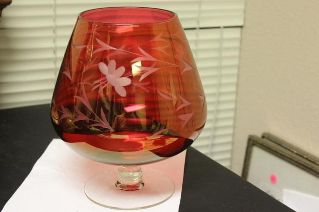 A Cut Ruby Red Glass Champagne Glass: Large one - 9 1/2" tall