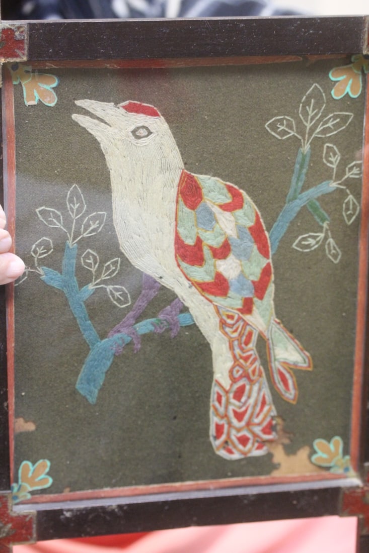 Rare Antique Native American Needlepoint: framed - 19th century - please note: losses - 11" x 9 1/8" in overall