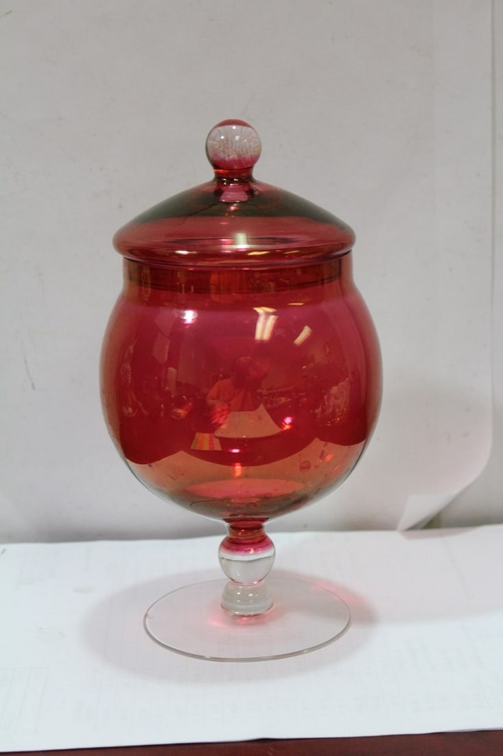 A Cranberry Glass Cup: with lid - 8 3/4" tall