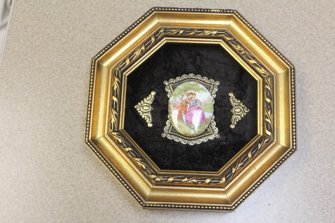 Framed Porcelain Picture: overall= 8 3/4" in diameter