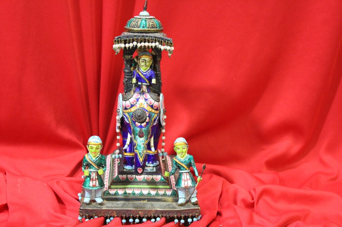 An Amazing Enamel on Copper Elephant: and rider - please note: minor imperfection, minor loss on torquoise beads, man needs to be glued back - as shown - 9 1/2" tall - nicely carved