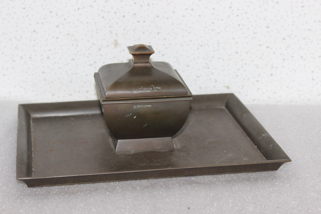 A Bronze Inkwell: with glass insert - heavy - 10" x 8 3/8"