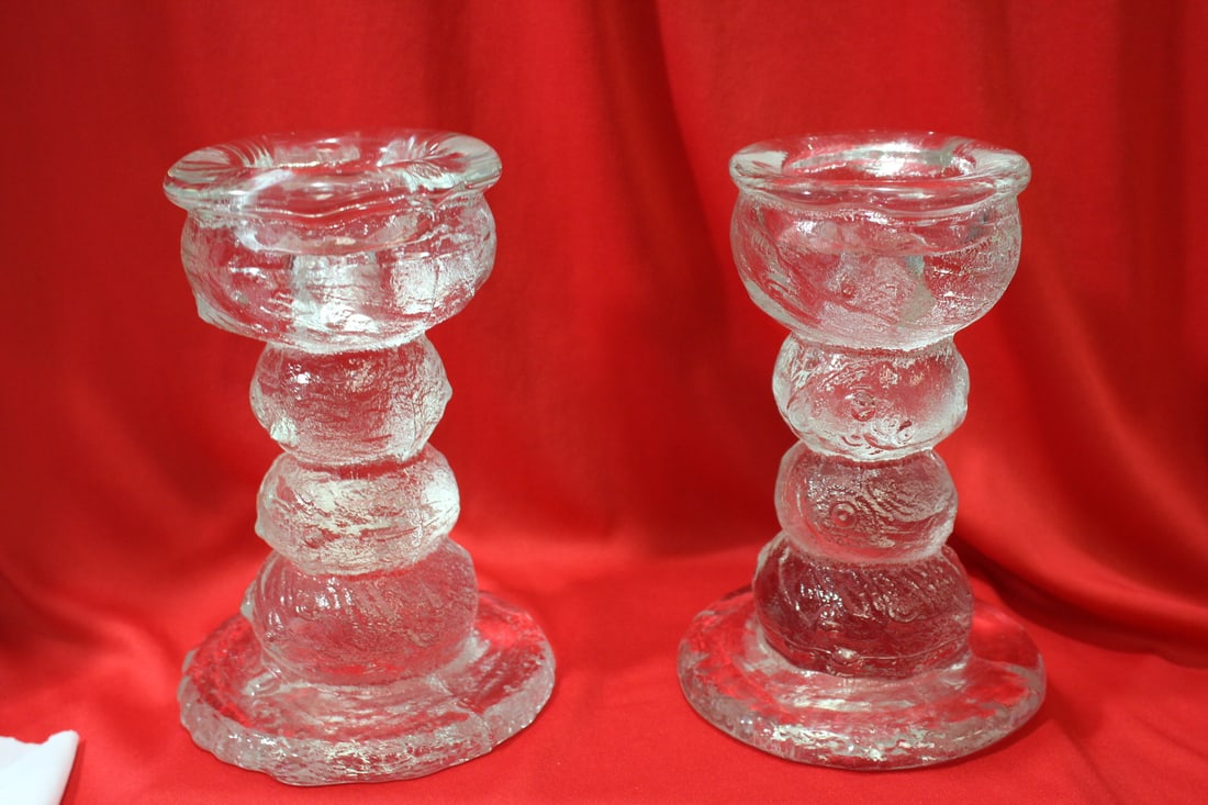 A Pair of Heavy Glass Candle Holders: 7 inches tall each