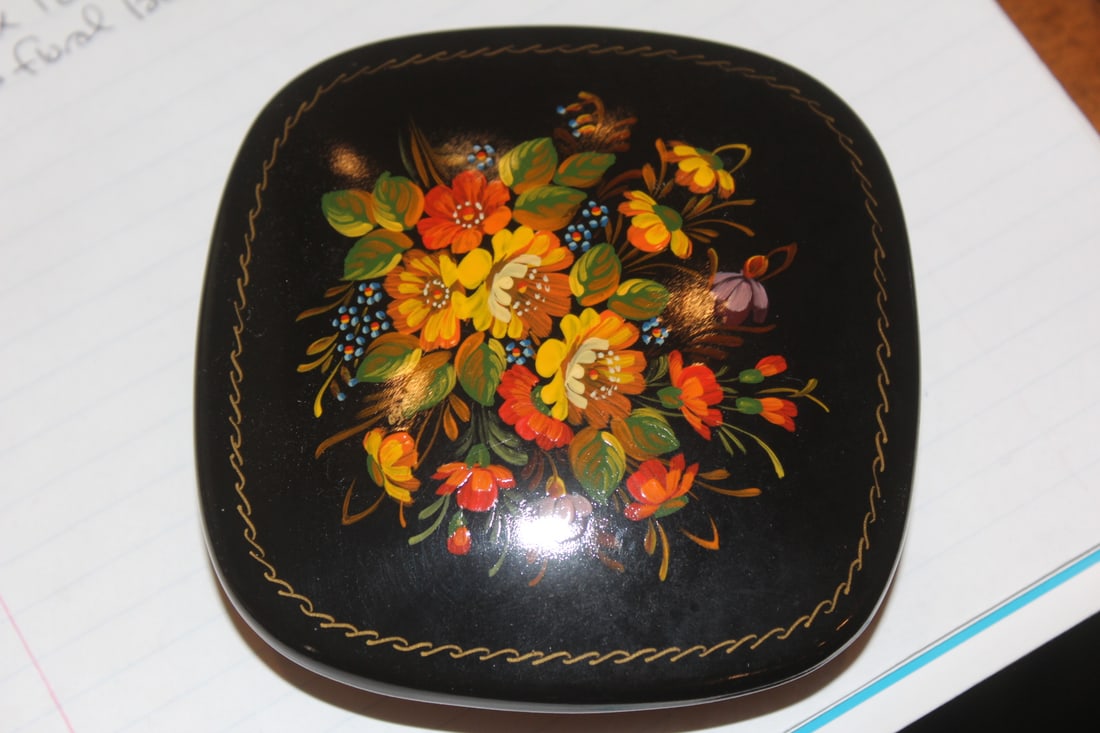Floral Lacquer Square Box: hand painted - with lid - 4" square