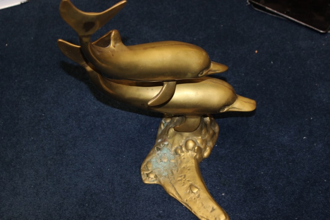 A Bronze/Brass/Metal Dolphin Statue /Twin Dolphins: 15 1/2 inches tall - Vintage