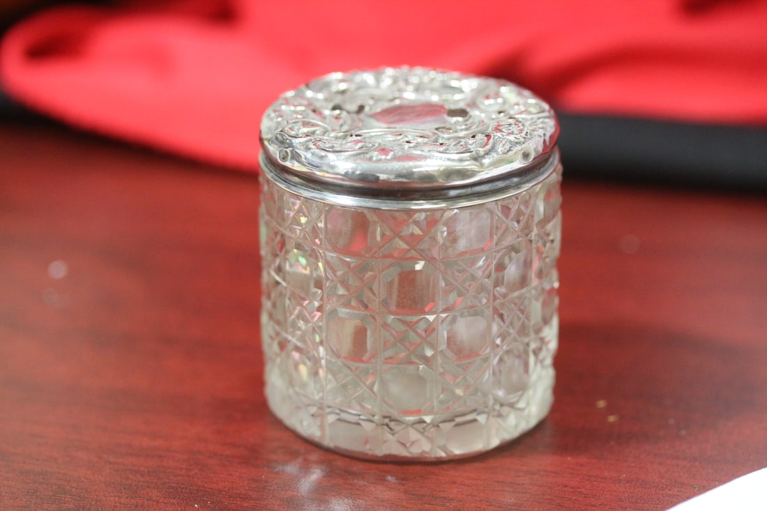 A Sterling Top Cut Glass Container: Approximately 2 1/2" tall