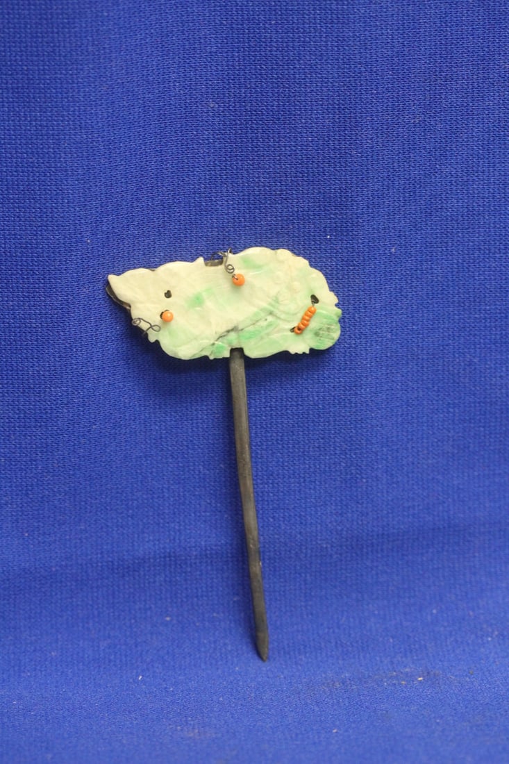 Chinese Hair Pin: jade or Jadeite and coral - 3 5/8" tall by 2 1/4" across