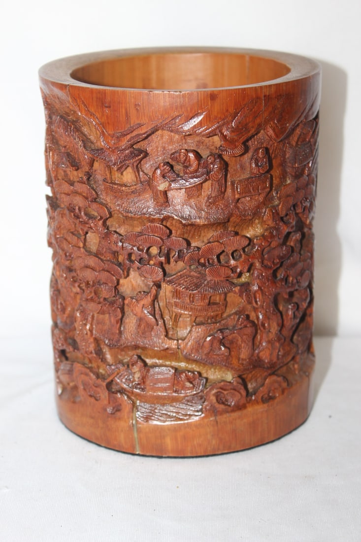 Bamboo Brush Pot: Chinese - nicely carved - 6 1/2" tall