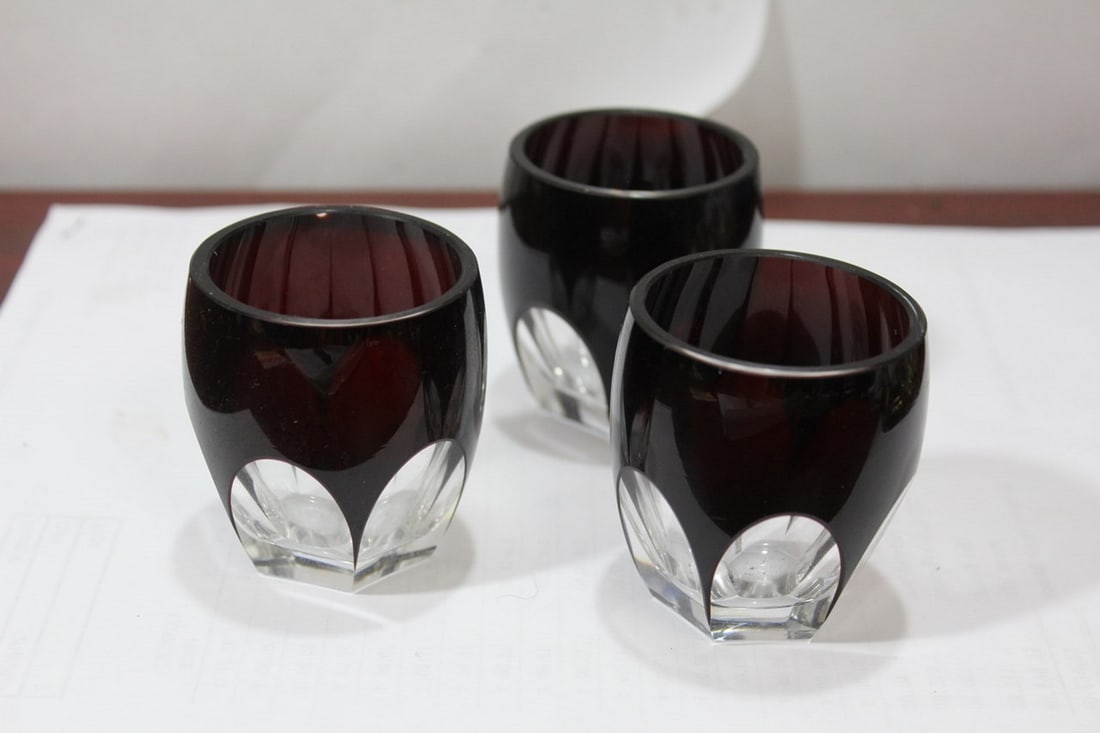 Lot of 3 Cut Glass Ruby Red Small Cups: 2 3/8" tall each