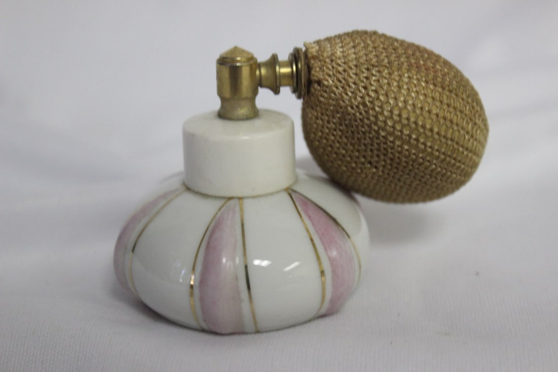 A Porcelain Parfume Bottle: with atomizer (atomizer not working, dried up) - 3 inches wide including atomizer