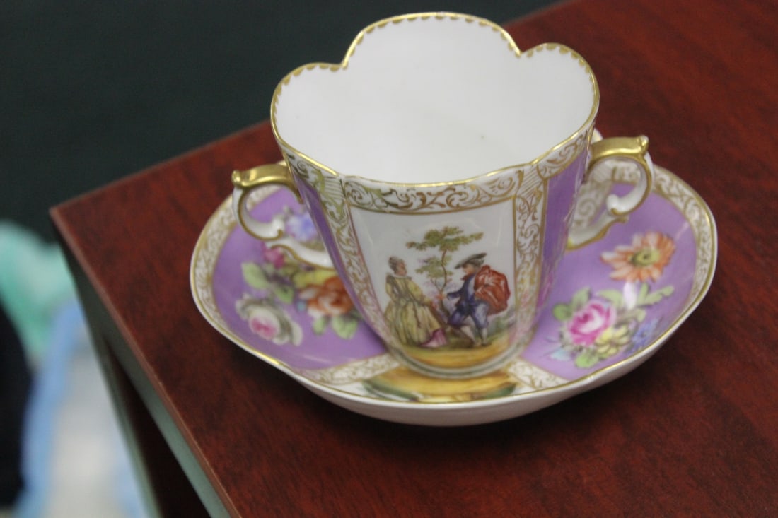 a Meissen? Cup and Saucer: Saucer= 5 5/8" in diameter - cup= 3 3/8" tall