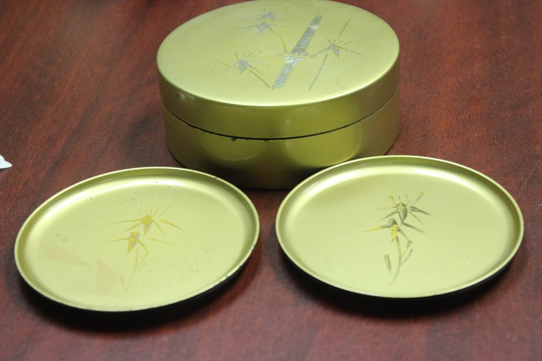 A Japanese Lacquer Round Box: with two trays -gold gilt - handcrafted - box = 4 13/4" in diameter