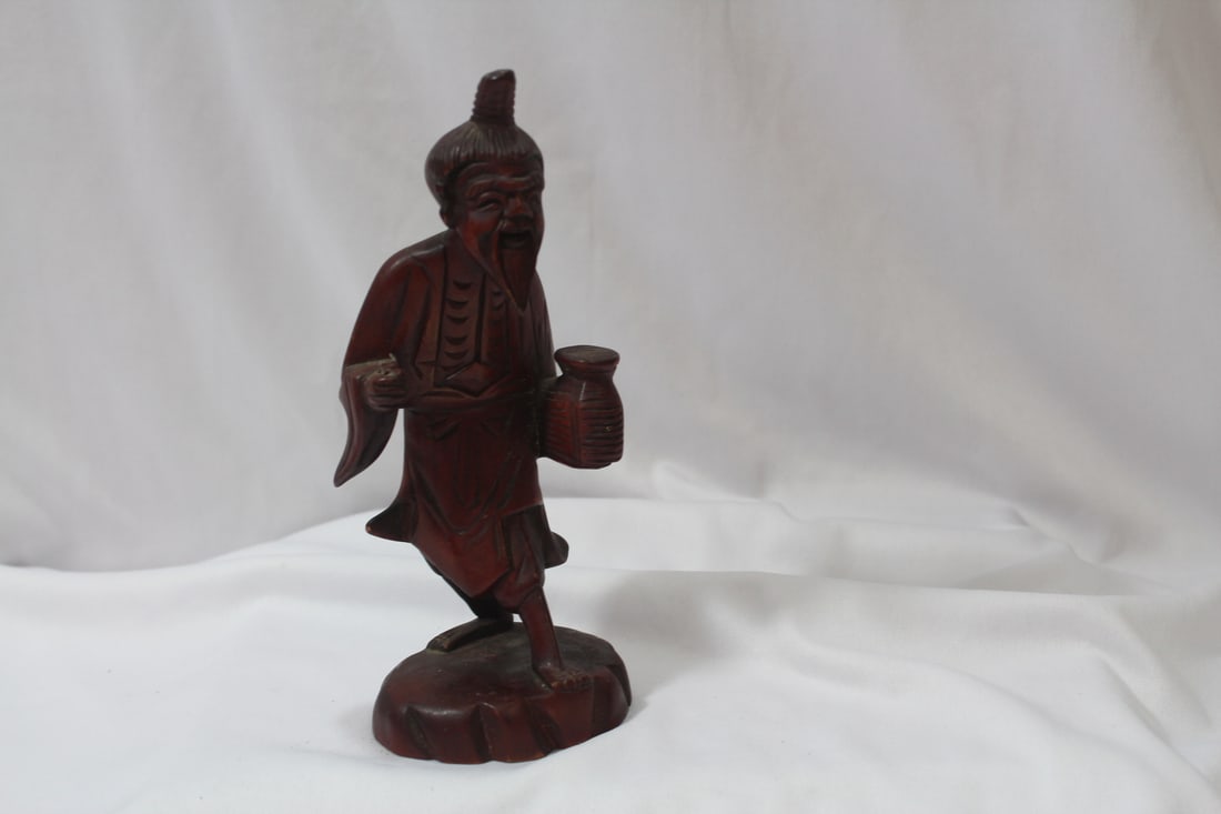 A Vintage Chinese Wood Figurine: please note: missing fishing pole - 7 3/8" tall