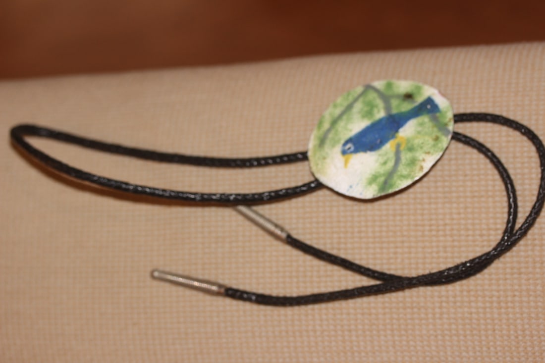 Signed Bennett Navajo Bolo Tie: enamel on copper