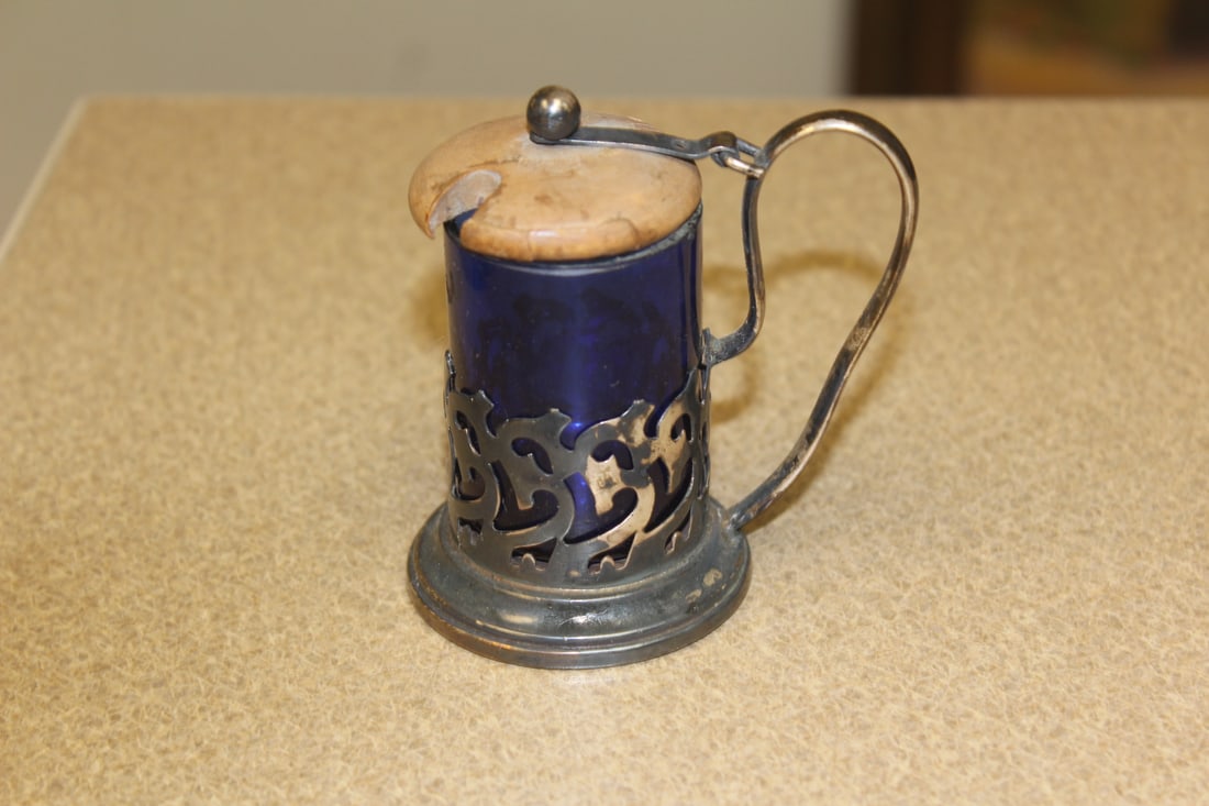 Vintage/Antique Silverplate Small Cup: with lid - lid= wood - insert= cobalt blue glass - 3 1/2" tall