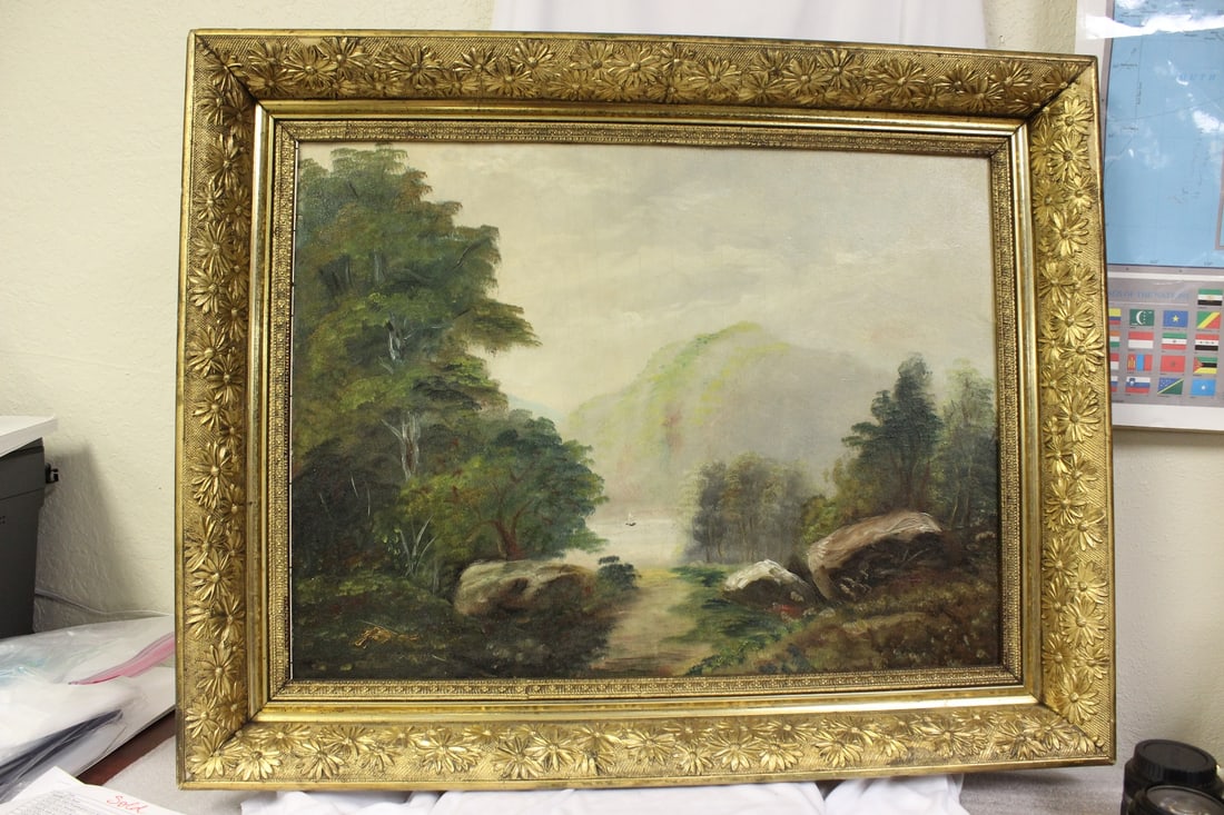 An Oil on Board/Metal: Nicely framed - 1882? - Frank C. Palmer - overall= 31" x 24"