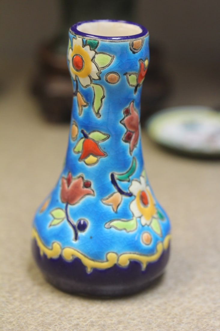 Longwy Enamel Small Pottery Vase: 3 7/8" tall - rare