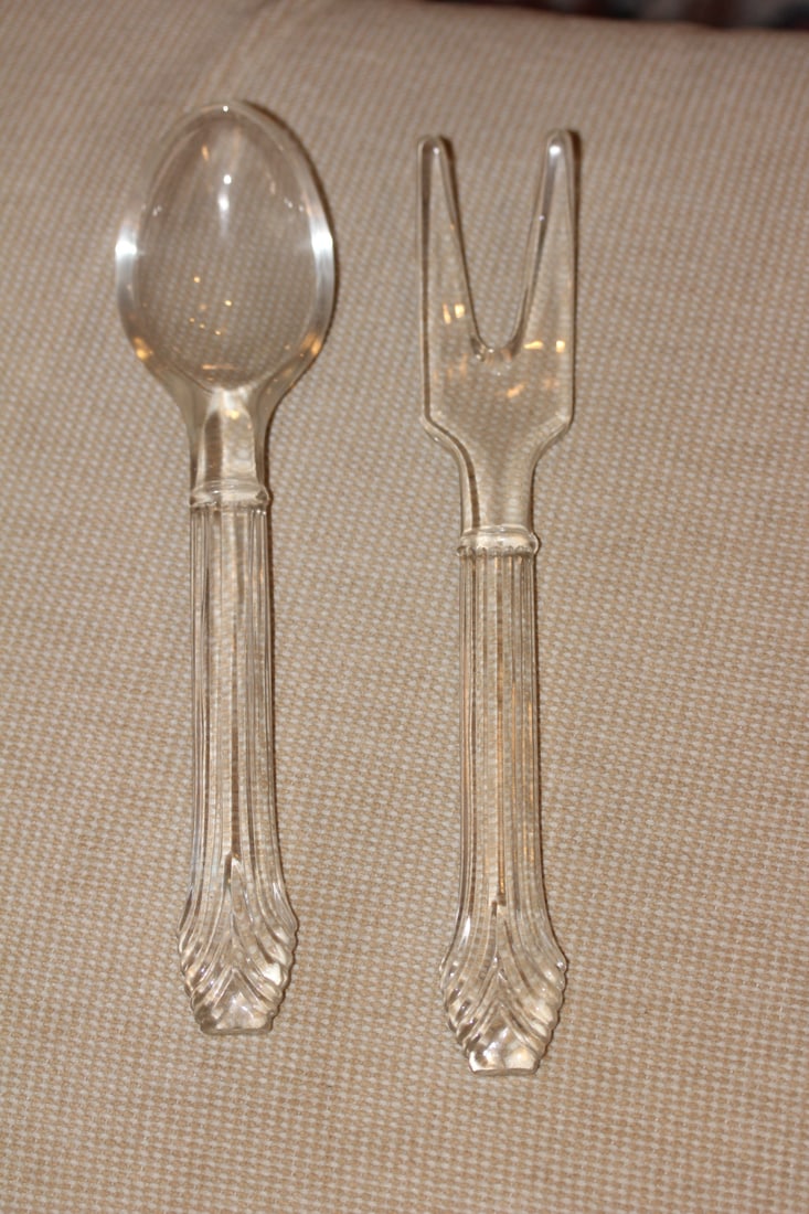 Pair of Glass Utensils: serving spoon and fork - 9 5/8" long each