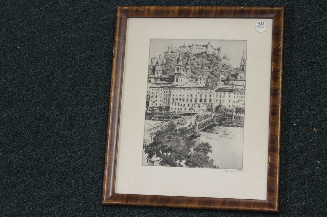 An Antique Etching by German Listed Artist: by listed artist: Herman Bergmeister - overall= 13 1/4" x 11" - sight= 8 1/2" x 6 3/8"
