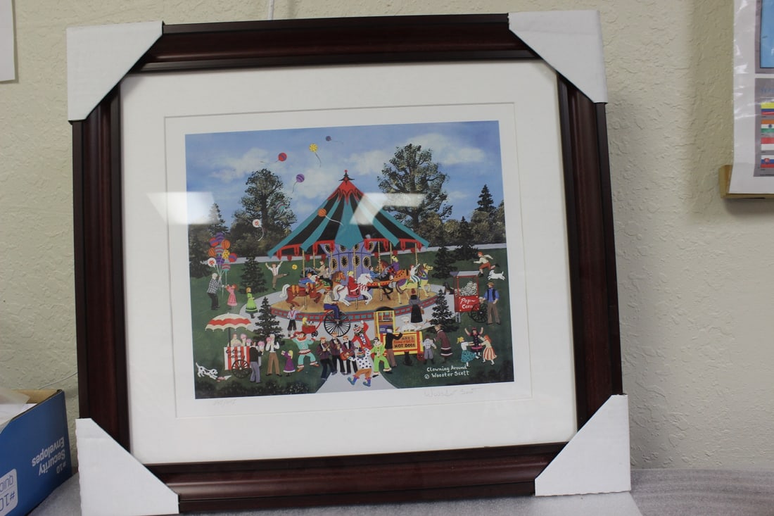 A Framed Litograph by Listed Artist Wooster Scott: pencil signed and numbered - overall= 22 1/4" x 20" - sight= 13" x 11" - framed- please note: paint loss, dentso n canvas