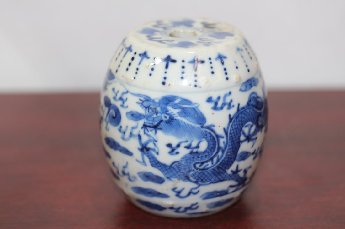 A Rare Chinese Blue and White Dragon Candle Holder: or incense holder - 18th century -solid - 2 7/8" tall