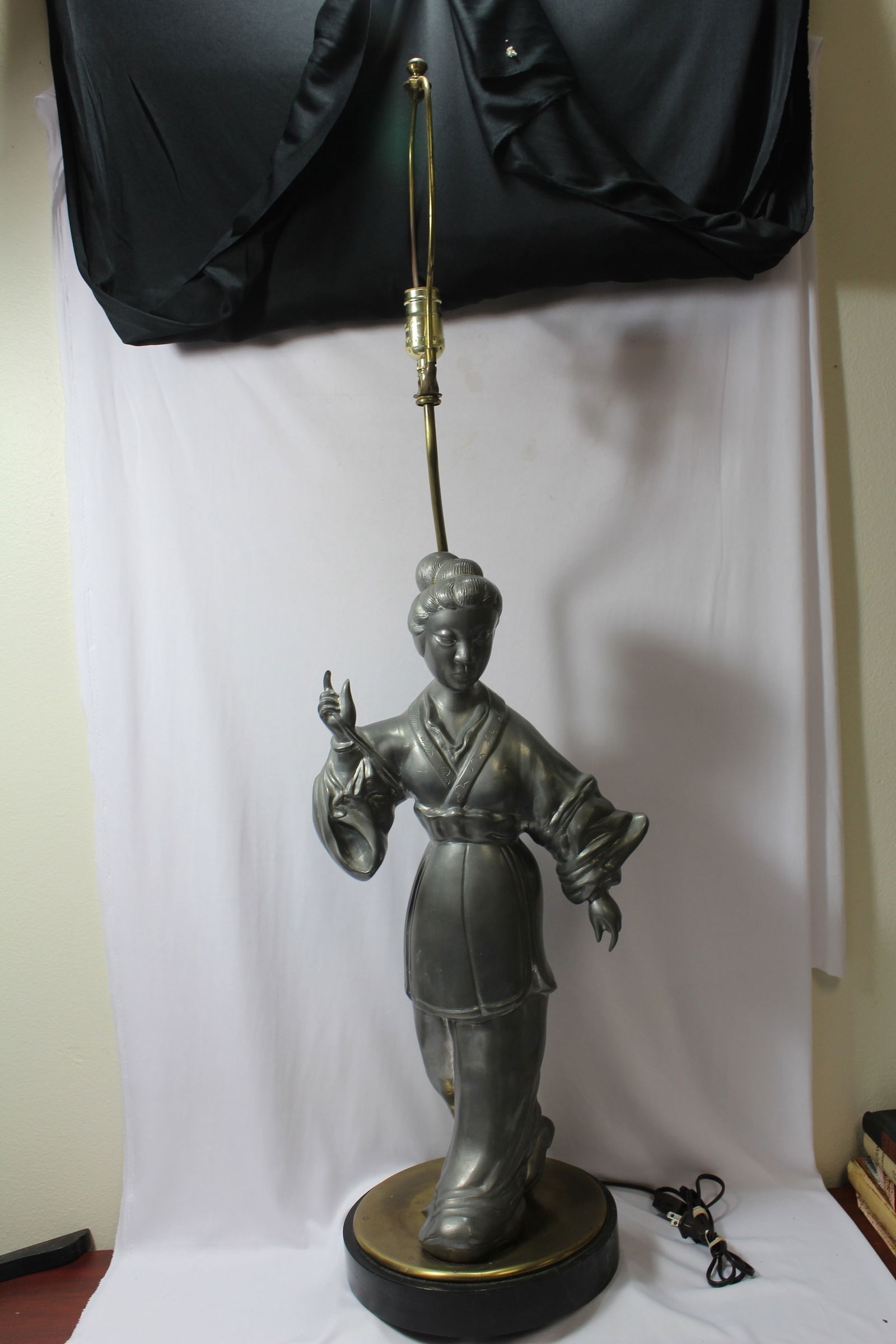A Vintage Chinese Pewter Figeral Lady Statue Lamp: Possibly from during the cultural revolution era -Statue, including the base= 25 1/4" tall - overall= 43 1/2" tall