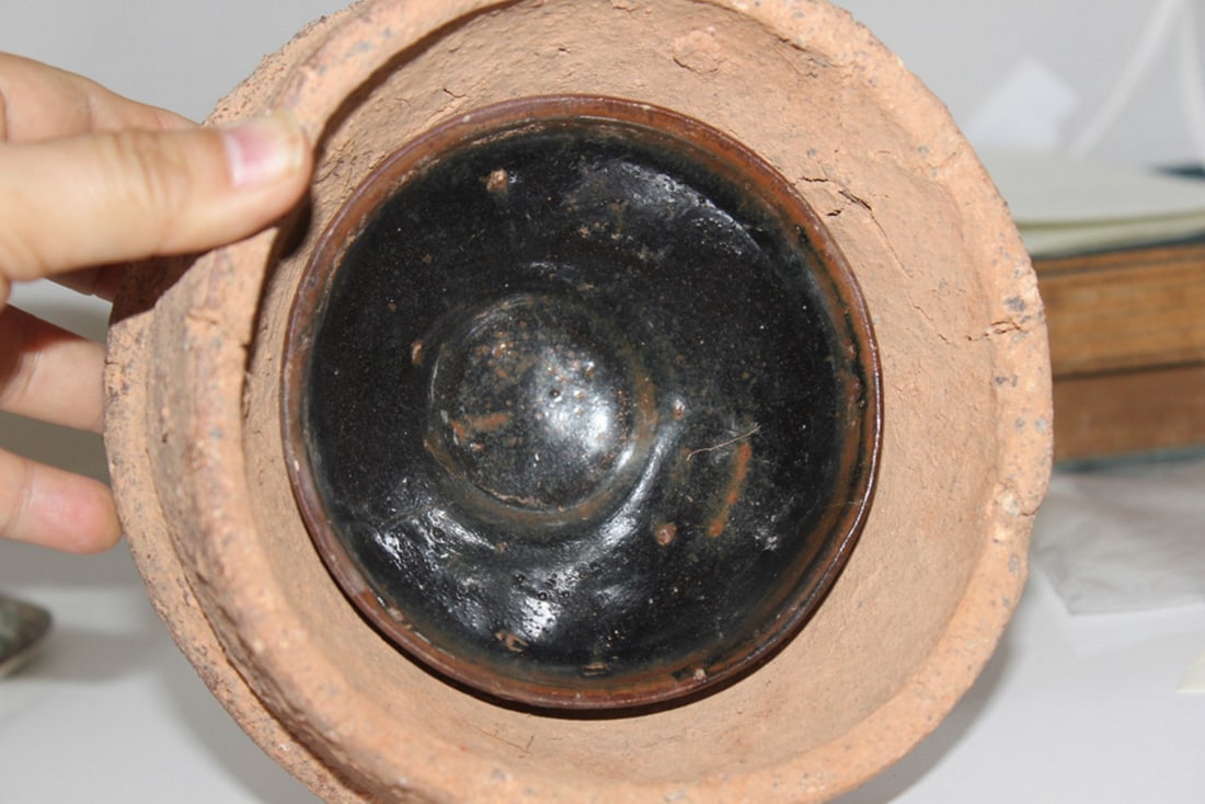 Antique Chinese Song / Sung Dynasty Bowl: Still in clay hive. 12th Century. 6" overall diameter.