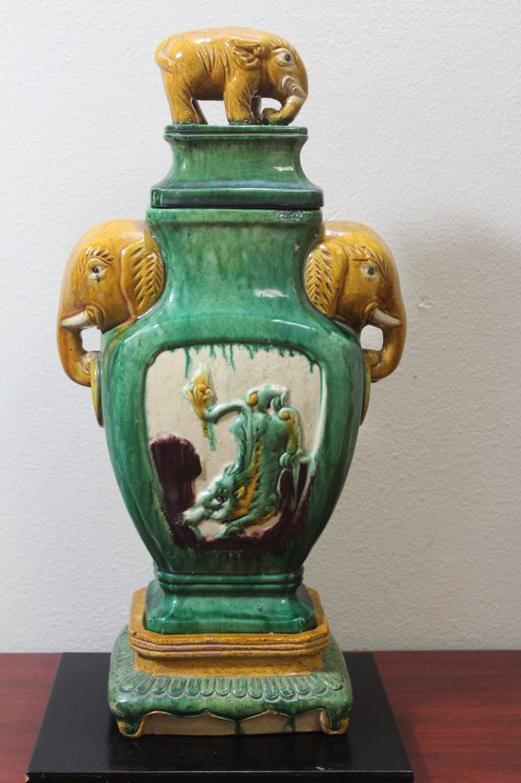A Chinese Sanchi Pottery Elephant Vase: Vintage/Antique - overall= 19 1/4" tall - please note: hand color chips - with lid and base