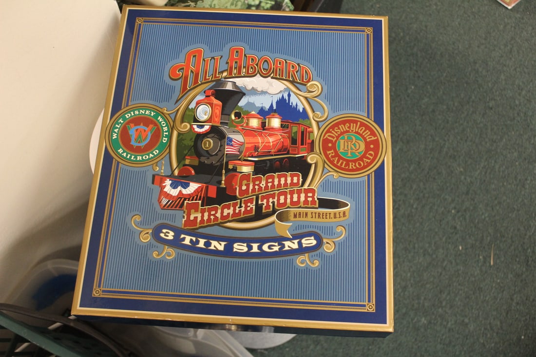 Walt Disney All Aboard Tin Signs: set of 3 - inside a box - box measures at 15.75" x 13.5" x 1.75"d eep