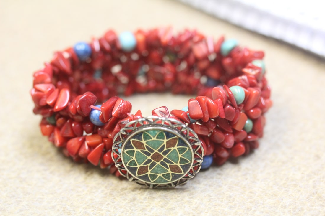 Sterling Enamel Coral Turquoise Elastic Bracelet: marked 925