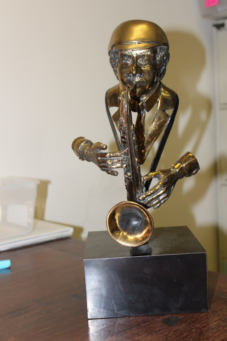 A Signed Dwight Conley Bronze Statue: on wood stand - black saxophone player - pretty cool piece - overall= 15 3/8" tall