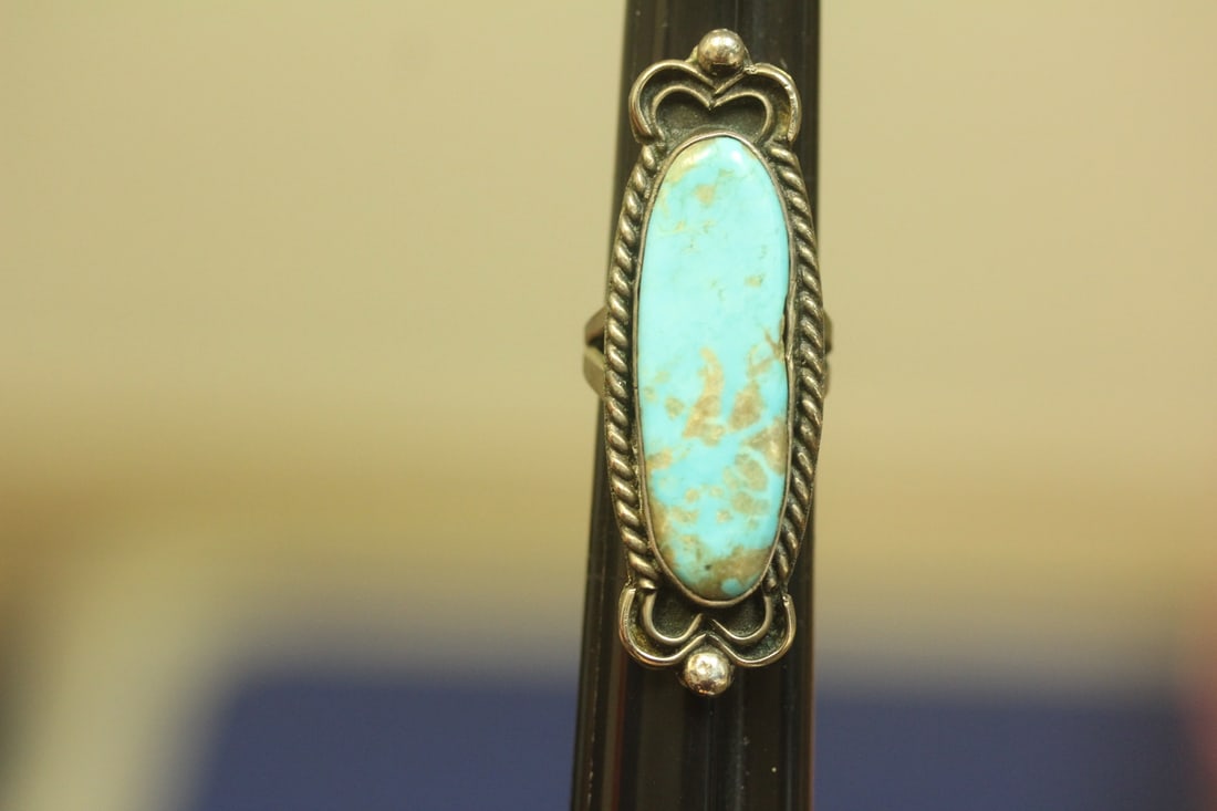 Large Native American Turquoise and sterling ring: front= 1 7/8" long