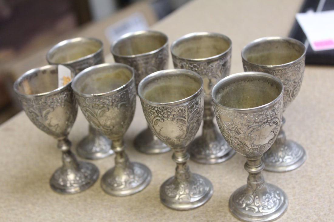 Set of 8 Silverplate Ornate Goblets: small= 3 3/8" tall each